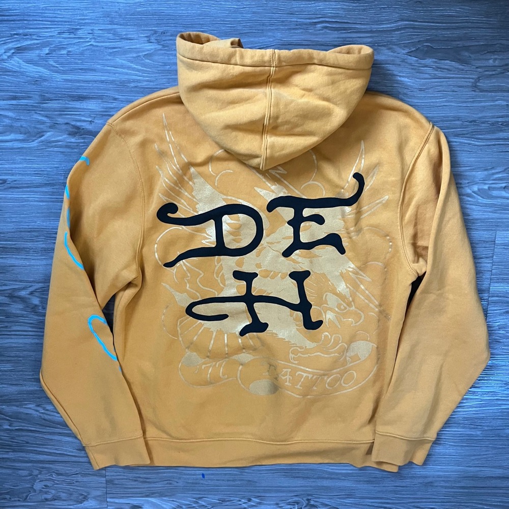 Ed Hardy Men Yellow Panther Tattoo Graphic Hoodie EHM130055 Large Y2K Streetwear - Picture 2 of 7